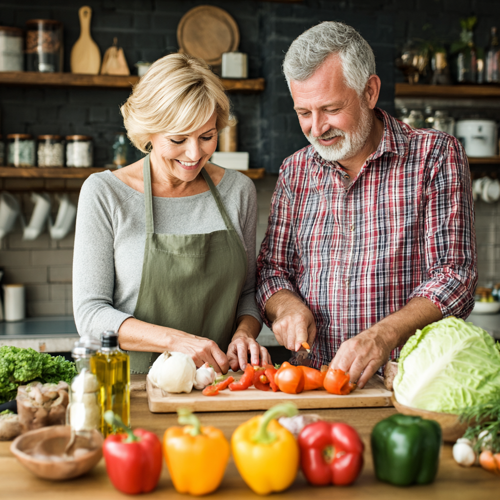 Mature couple in their fifties cooking healthy dinner together with fresh vegetables