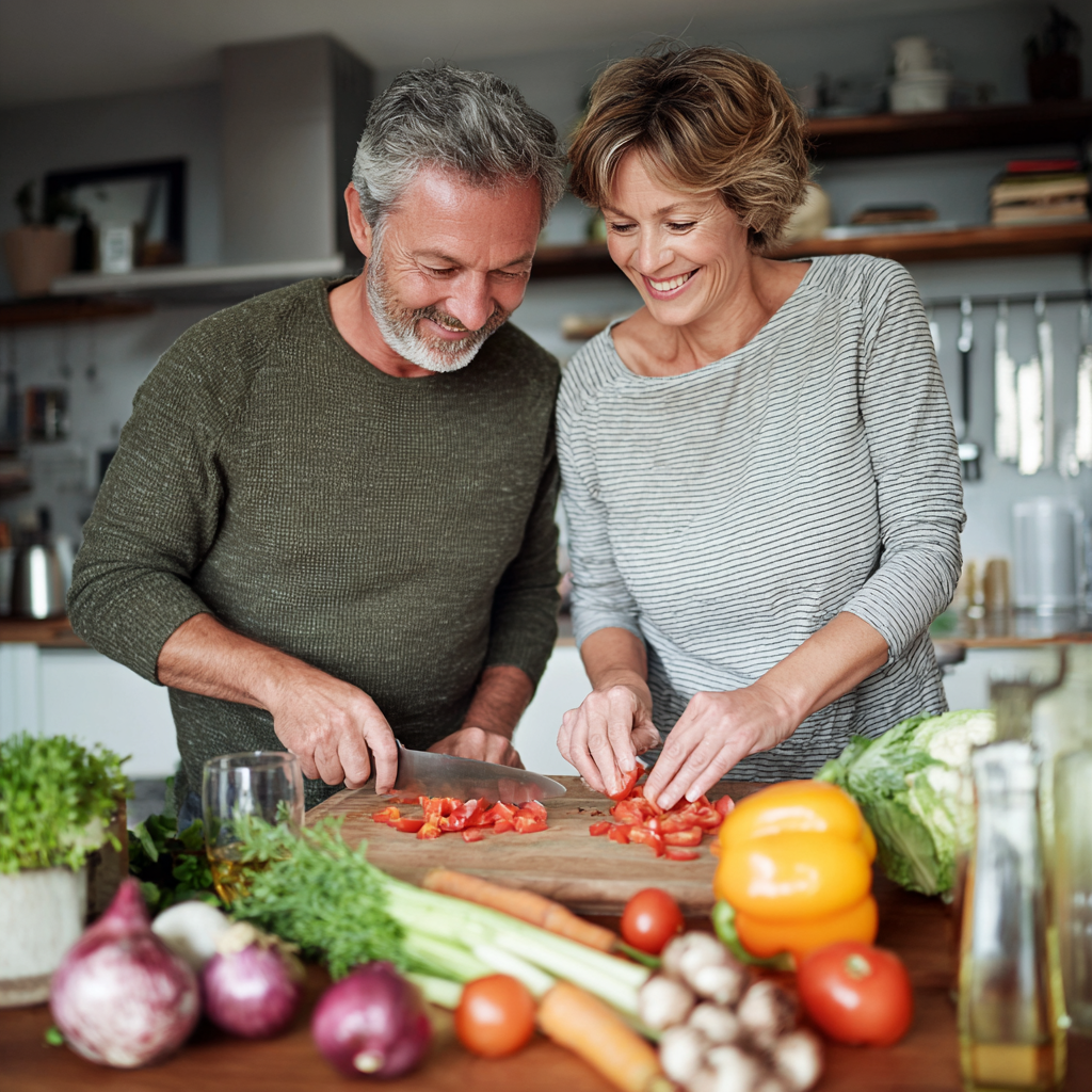 Middle-aged couple preparing nutritious meal together in bright modern kitchen