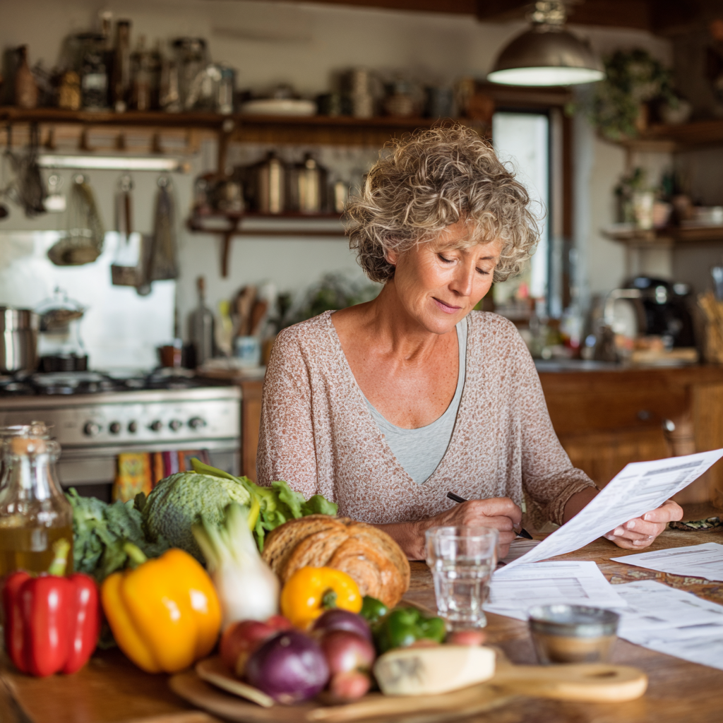 Woman in her fifties reviewing healthy meal planning documents at kitchen table